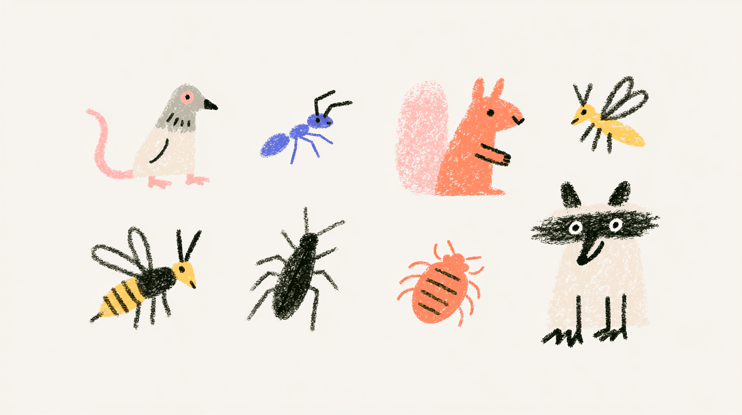 Warm illustration of common insects and small nuisance animals